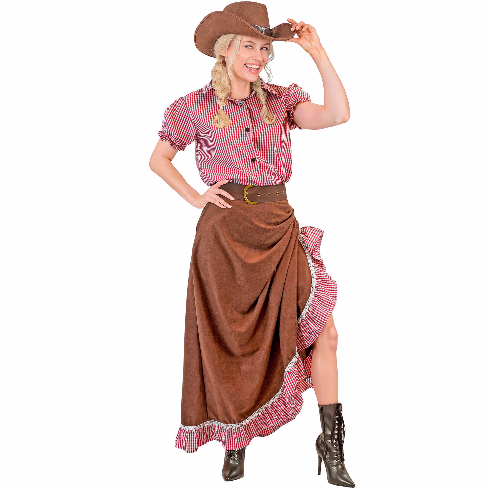 Western Kostüm Damen Saloon Lady Western Kostüm für Damen als Saloon Lady mit rot-weiß karierter Bluse, langem braunem Rock und breitem Gürtel.