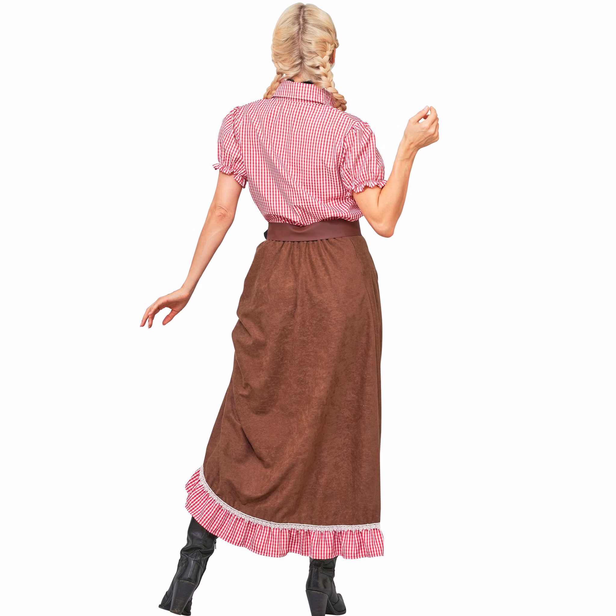 Western Kostüm Damen Rückansicht Rückansicht des Saloon Lady Damenkostüms mit rot-weiß karierter Westernbluse und langem braunem Rock mit Rüschen.