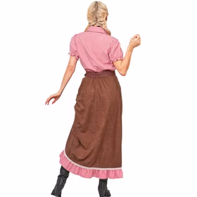 Western Kostüm Damen Rückansicht Rückansicht des Saloon Lady Damenkostüms mit rot-weiß karierter Westernbluse und langem braunem Rock mit Rüschen.
