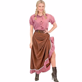 Western Kostüm Damen Vorderansicht Saloon Lady Westernkostüm für Damen mit karierter Bluse, braunem Gürtel und raffbarem langem Rock in Wildlederoptik.