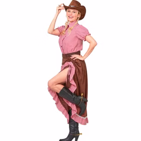 Western Kostüm Damen Saloon Look Damen Westernkostüm im Saloon-Lady-Stil mit Puffärmel-Bluse, hochgerafftem Rock, Rüschenbesatz und braunem Gürtel.