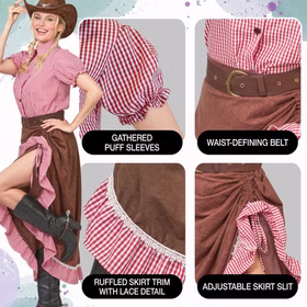 Western Kostüm Damen Saloon Lady Details Detailansicht des Western Damenkostüms mit karierter Puffärmel-Bluse, braunem Gürtel und seitlich raffbarem Westernrock.
