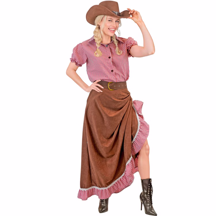 Western Kostüm Damen Saloon Lady Western Kostüm für Damen als Saloon Lady mit rot-weiß karierter Bluse, langem braunem Rock und breitem Gürtel.