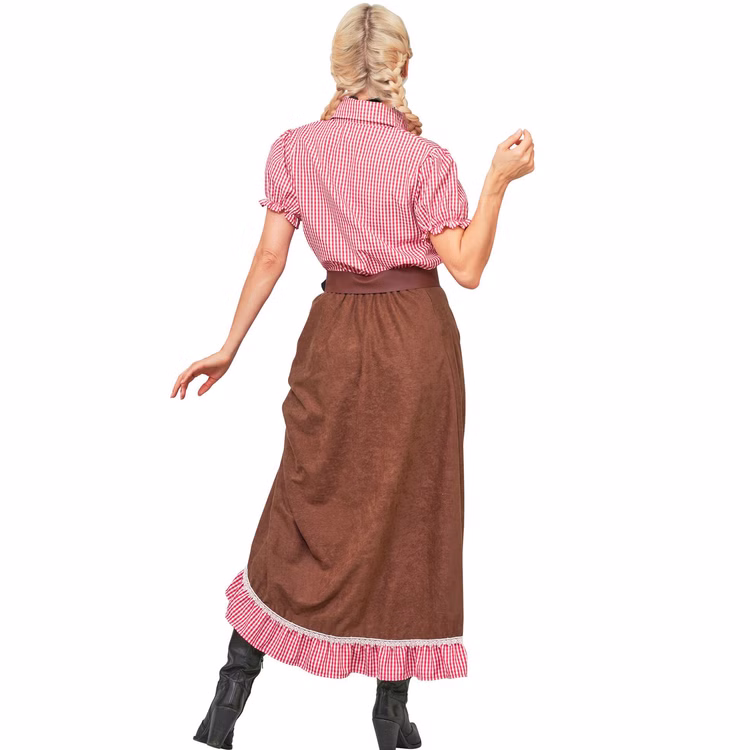 Western Kostüm Damen Rückansicht Rückansicht des Saloon Lady Damenkostüms mit rot-weiß karierter Westernbluse und langem braunem Rock mit Rüschen.