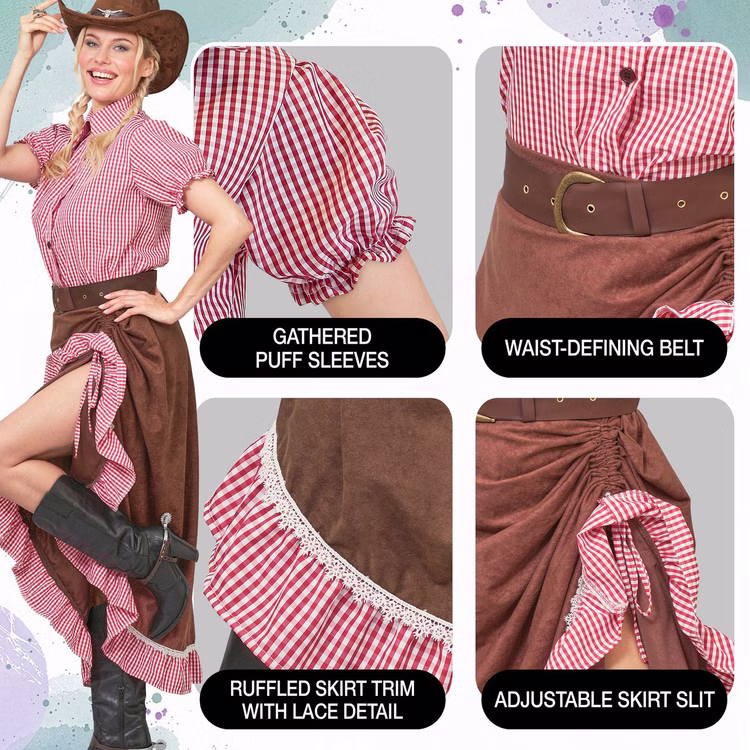 Western Kostüm Damen Saloon Lady Details Detailansicht des Western Damenkostüms mit karierter Puffärmel-Bluse, braunem Gürtel und seitlich raffbarem Westernrock.