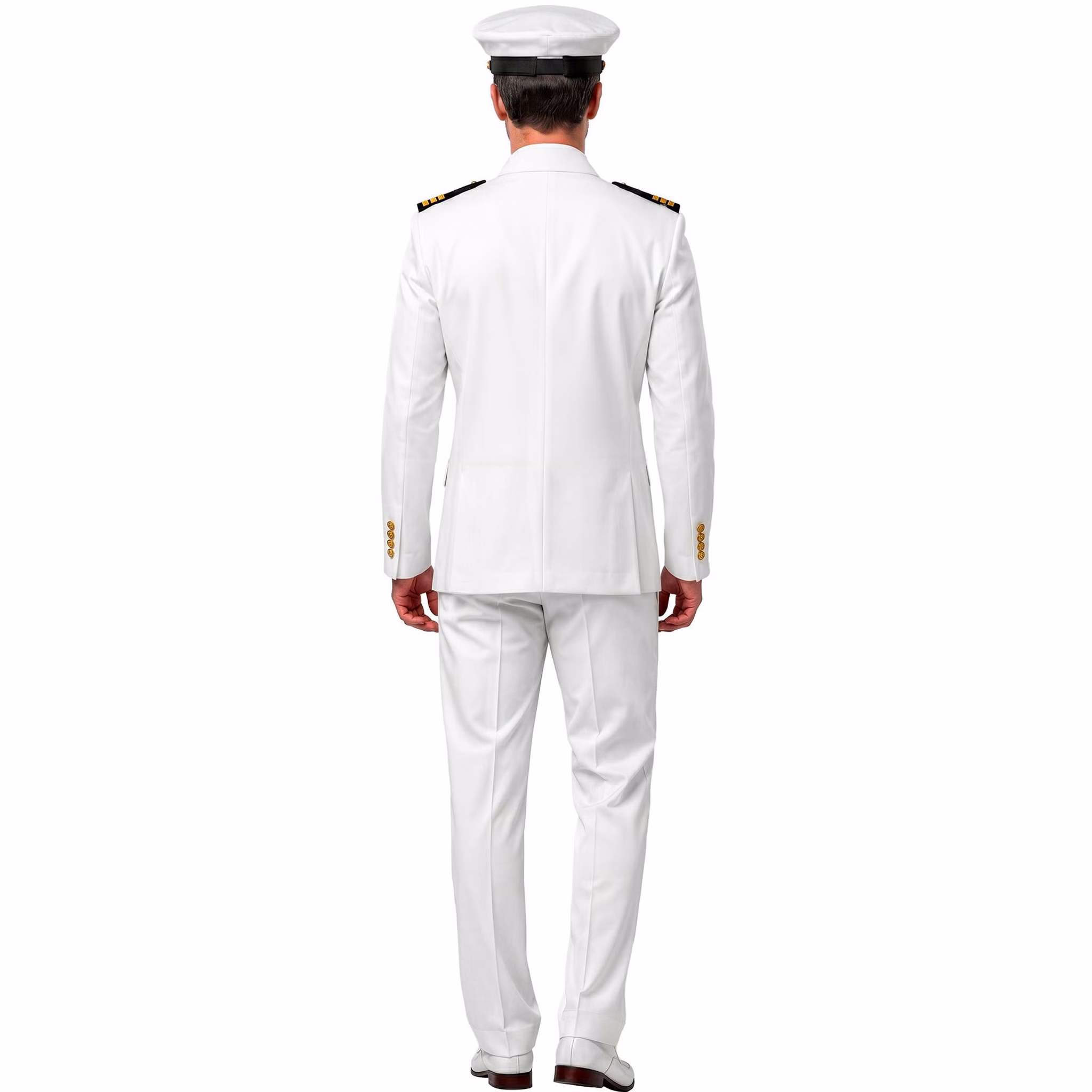 Marine Kostüm Herren Rückansicht Rückansicht des weißen Kapitän Kostüms für Herren mit Jackett, weißer Hose, Schulterklappen und passender Marine-Mütze.