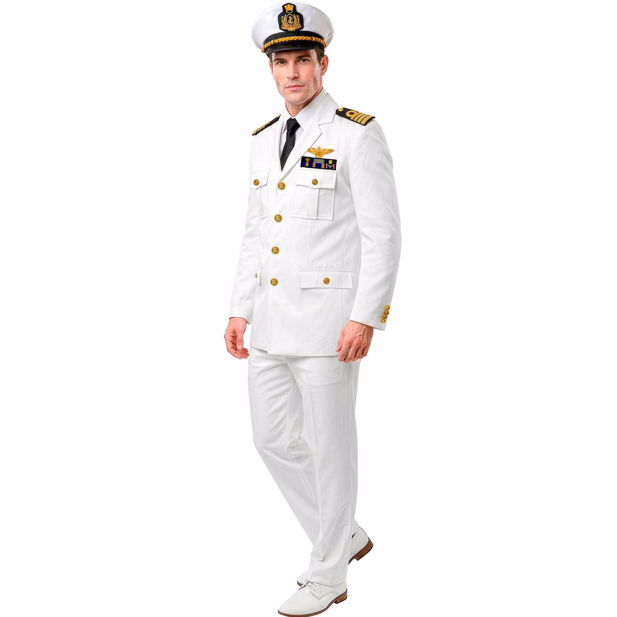 Marine Kostüm Herren Seitenansicht Marine Herren Kostüm in Weiß mit Kapitänsmütze, dekorativen Ordensbändern, goldfarbenen Knöpfen und Rangabzeichen.