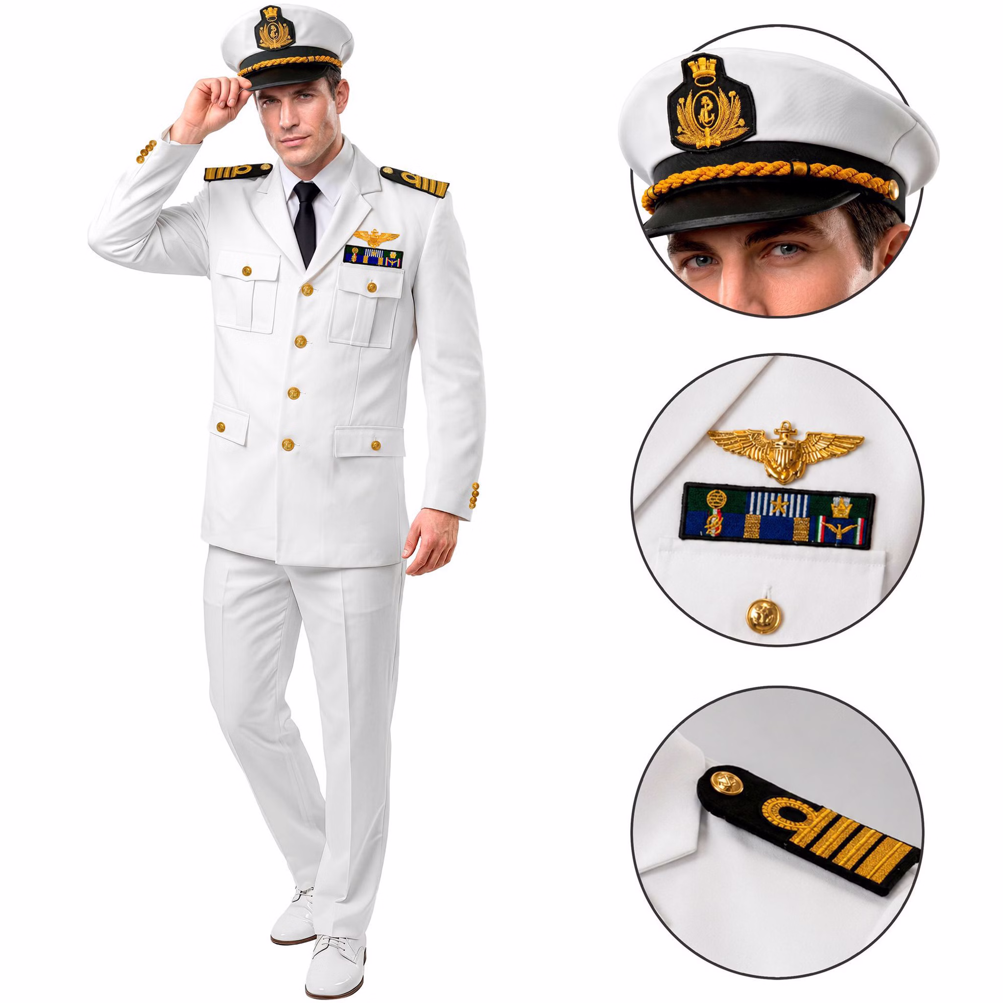 Marine Kostüm Herren Kapitän Details Weißes Kapitän Kostüm für Herren mit Detailansichten von Marine-Mütze, Brustabzeichen und goldfarbenen Schulterklappen.