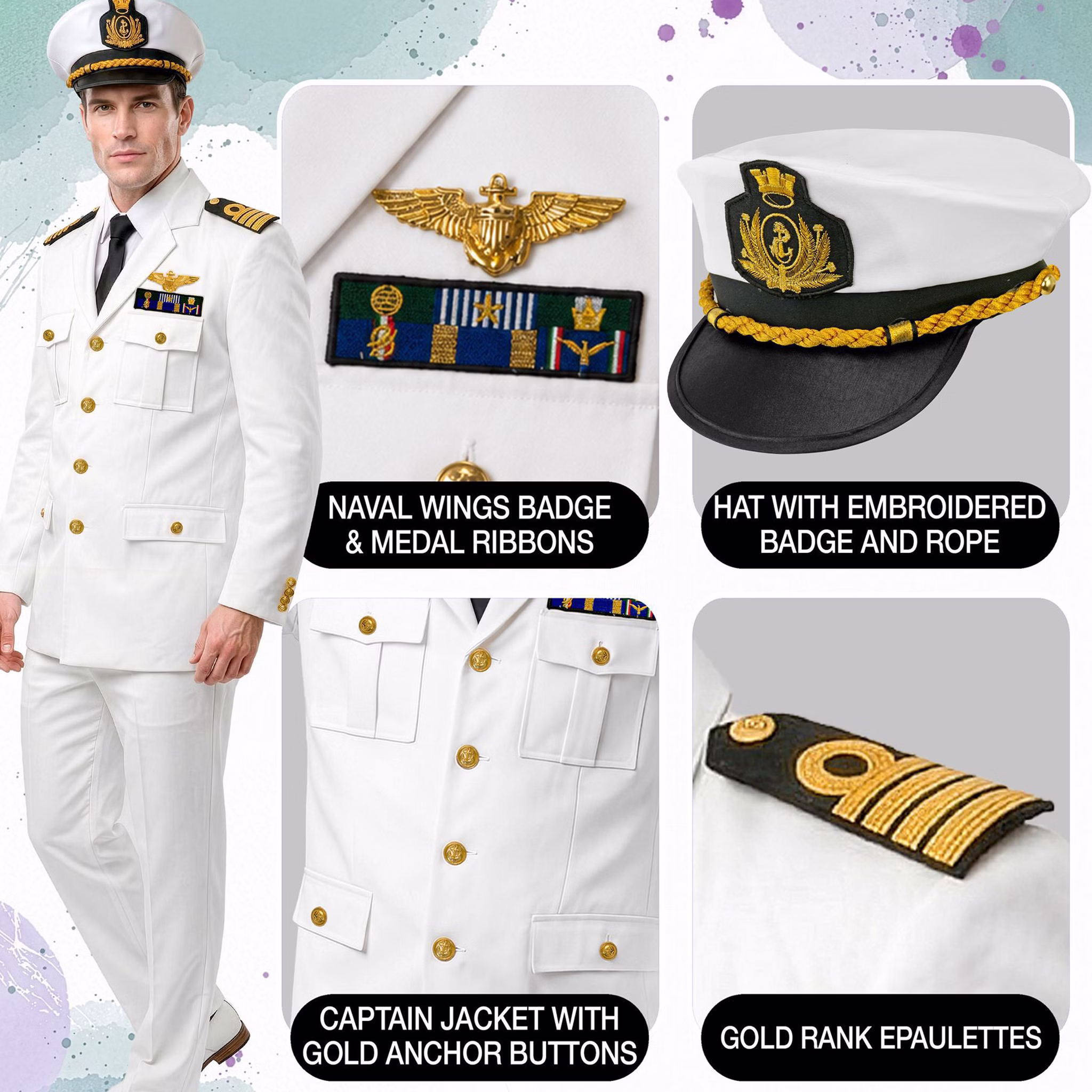 Marine Kostüm Herren Details Detailansicht des weißen Marine Herren Kostüms mit Kapitänsmütze, goldfarbenen Abzeichen, Schulterklappen und Knöpfen.