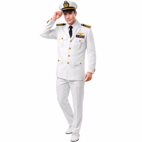 Marine Kostüm Herren Kapitän Weißes Marine Kostüm für Herren mit Jackett, Hose und Kapitänsmütze sowie goldfarbenen Details im Admiral- und Seefahrer-Look.