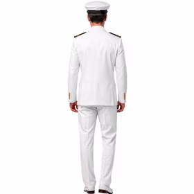 Marine Kostüm Herren Rückansicht Rückansicht des weißen Kapitän Kostüms für Herren mit Jackett, weißer Hose, Schulterklappen und passender Marine-Mütze.