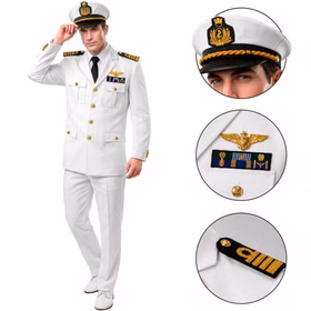 Marine Kostüm Herren Kapitän Details Weißes Kapitän Kostüm für Herren mit Detailansichten von Marine-Mütze, Brustabzeichen und goldfarbenen Schulterklappen.