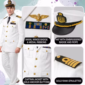 Marine Kostüm Herren Details Detailansicht des weißen Marine Herren Kostüms mit Kapitänsmütze, goldfarbenen Abzeichen, Schulterklappen und Knöpfen.