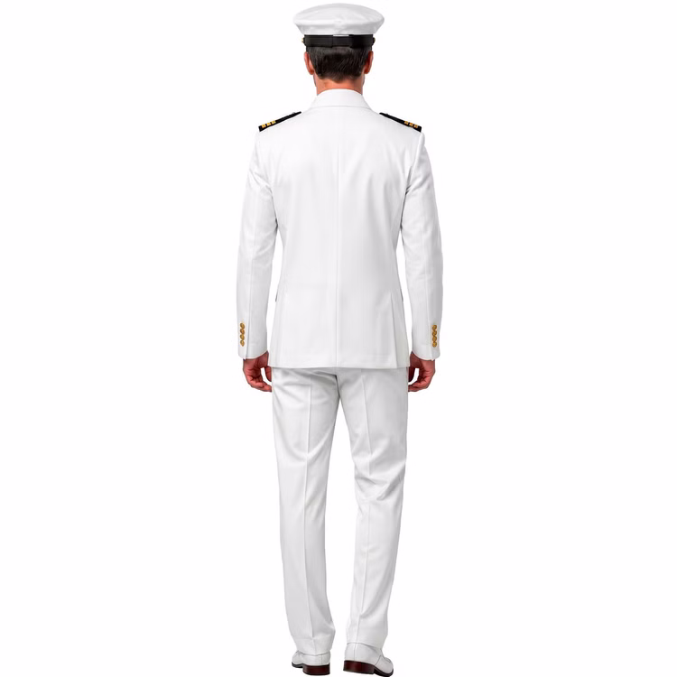 Marine Kostüm Herren Rückansicht Rückansicht des weißen Kapitän Kostüms für Herren mit Jackett, weißer Hose, Schulterklappen und passender Marine-Mütze.