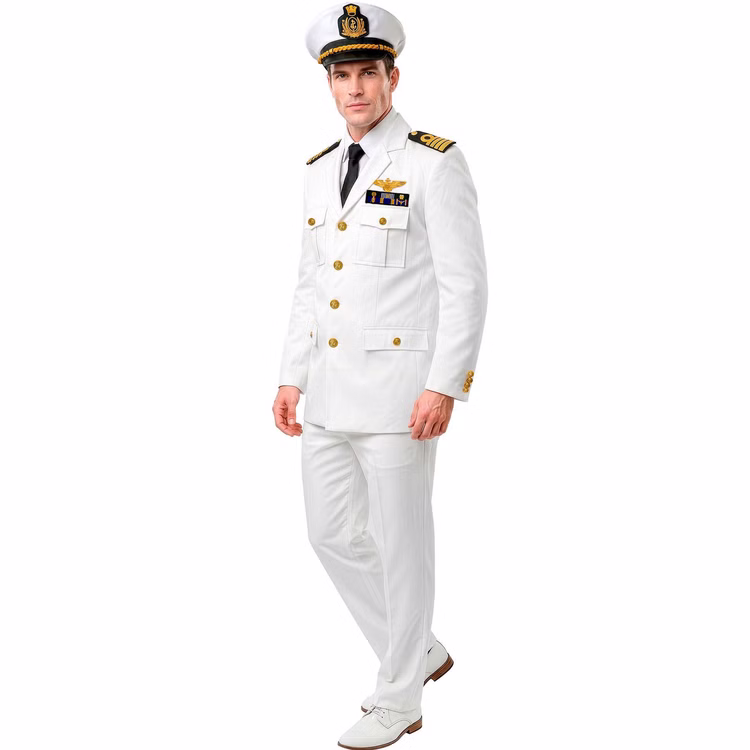 Marine Kostüm Herren Seitenansicht Marine Herren Kostüm in Weiß mit Kapitänsmütze, dekorativen Ordensbändern, goldfarbenen Knöpfen und Rangabzeichen.