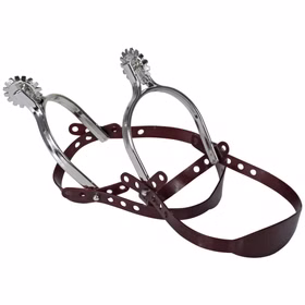 Western Sporen Silber mit Riemen Paar silberfarbene Western Sporen für Erwachsene mit braunen gelochten Befestigungsriemen als Zubehör für Cowboy Kostüme.
