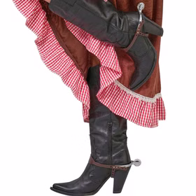 Cowboy Stiefelsporen Silber Erwachsene Western Stiefelsporen in Silber mit braunen Riemen an schwarzen Cowboy Stiefeln als Accessoire für Western- und Saloon-Kostüme.