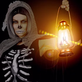 Flackernde LED Laterne als Halloween Kostüm-Zubehör mit Skelett-Verkleidung und stimmungsvollem warmem Licht