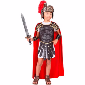 Römer Kostüm Kinder Marcus als Centurio mit Rüstung, rotem Umhang und Gold-Bronze-Römerhelm mit rotem Federkamm.