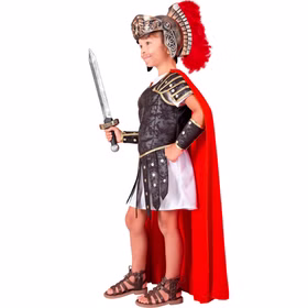Römer Kostüm Kinder Marcus in Seitenansicht mit Rüstung, rotem Umhang und Römerhelm in auffälliger Gold-Bronze-Antikoptik.