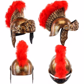 Römerhelm für Kinder aus mehreren Perspektiven mit Gold-Bronze-Antikoptik, rotem Federkamm und seitlichen Wangenklappen.