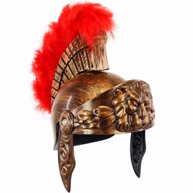 Römerhelm für Kinder in Gold-Bronze-Antikoptik mit dekorativer Stirnpartie, Wangenklappen und leuchtend rotem Federkamm.