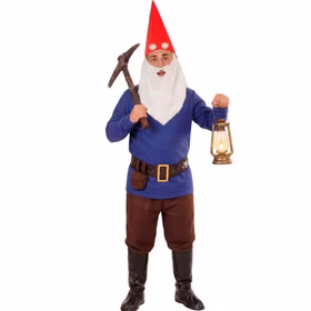 Zwerg Kostüm Herren Hugo in Blau-Rot mit weißem Bart, roter Zipfelmütze, Spitzhacke und leuchtender LED-Grubenlampe für Fasching.