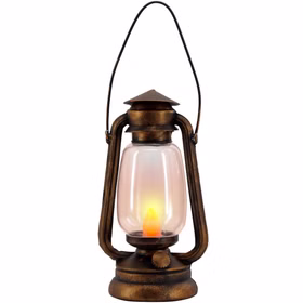 Flackernde LED-Grubenlampe in Bronzeoptik mit Tragebügel und warm leuchtender Flamme als Kostüm-Zubehör für Zwerg und Halloween.