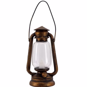 LED-Grubenlampe in Bronzeoptik mit Tragebügel und transparentem Lampenglas, ausgeschaltet auf weißem Hintergrund dargestellt.