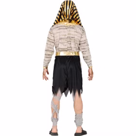 Pharao Mumie Ramses Rückansicht Rückansicht des Pharao-Mumienkostüms Ramses mit schwarz-goldenem Kopfschmuck, Bandagenoptik und schwarzer Tunika.