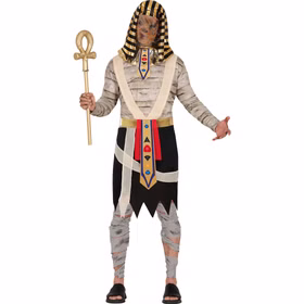 Pharao Mumie Ramses Kostüm Herren Herr im Pharao-Mumienkostüm Ramses mit Tunika, Kopfschmuck, Kragen und Gürtel in ägyptischer Halloween-Optik.