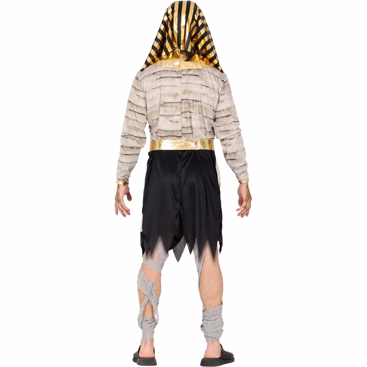 Pharao Mumie Ramses Rückansicht Rückansicht des Pharao-Mumienkostüms Ramses mit schwarz-goldenem Kopfschmuck, Bandagenoptik und schwarzer Tunika.