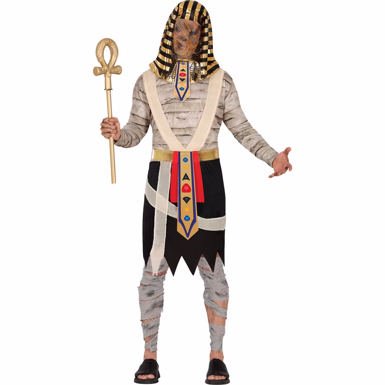 Pharao Mumie Ramses Kostüm Herren Herr im Pharao-Mumienkostüm Ramses mit Tunika, Kopfschmuck, Kragen und Gürtel in ägyptischer Halloween-Optik.