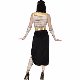 Cleopatra Mumie Nephra Rückansicht Rückansicht des Mumienkönigin-Kostüms Nephra mit schwarzem langem Rock, Bandagenoberteil, goldenem Kragen und Gürtel.