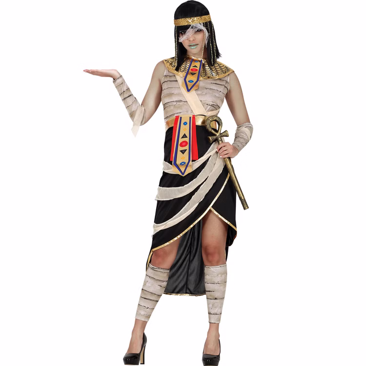 Cleopatra Mumie Nephra Kostüm Damen Dame im Cleopatra-Mumienkostüm Nephra mit schwarz-beigem Kleid, goldenem Kragen, Gürtel sowie Arm- und Beinwärmern.