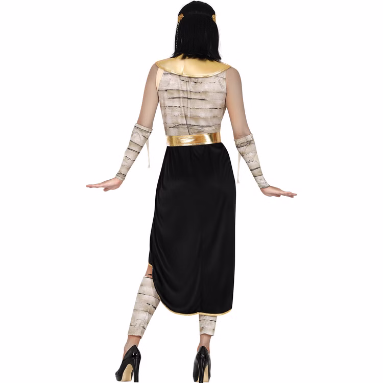 Cleopatra Mumie Nephra Rückansicht Rückansicht des Mumienkönigin-Kostüms Nephra mit schwarzem langem Rock, Bandagenoberteil, goldenem Kragen und Gürtel.