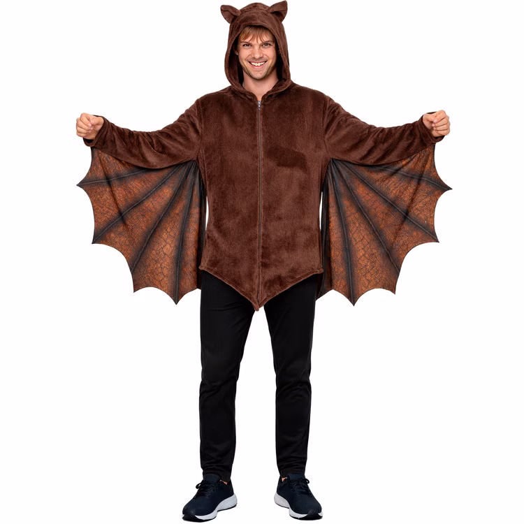 Fledermaus Nox Kostüm Herren Herr im braunen Fledermaus Kostüm Nox mit Kapuze, kleinen Ohren und großen seitlich ausgebreiteten Fledermausflügeln.