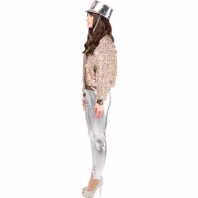 Pailletten Bomberjacke Champagner Damen Seitenansicht Seitenansicht der champagnerfarbenen Pailletten-Bomberjacke für Damen mit Taschen, Metallic-Bündchen und glitzernder Oberfläche.