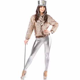 Pailletten Bomberjacke Champagner Damen Ganzkörper Dame in champagnerfarbener Pailletten-Bomberjacke mit silberner Hose und Zylinder – Glitzer-Look für Bühne, Revue und Party.