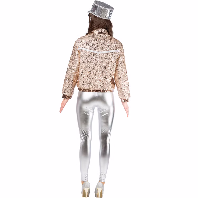 Pailletten Bomberjacke Champagner Damen Rückansicht Rückansicht der champagnerfarbenen Pailletten-Bomberjacke für Damen mit Metallic-Bündchen und silberfarbener Borte am Rücken.