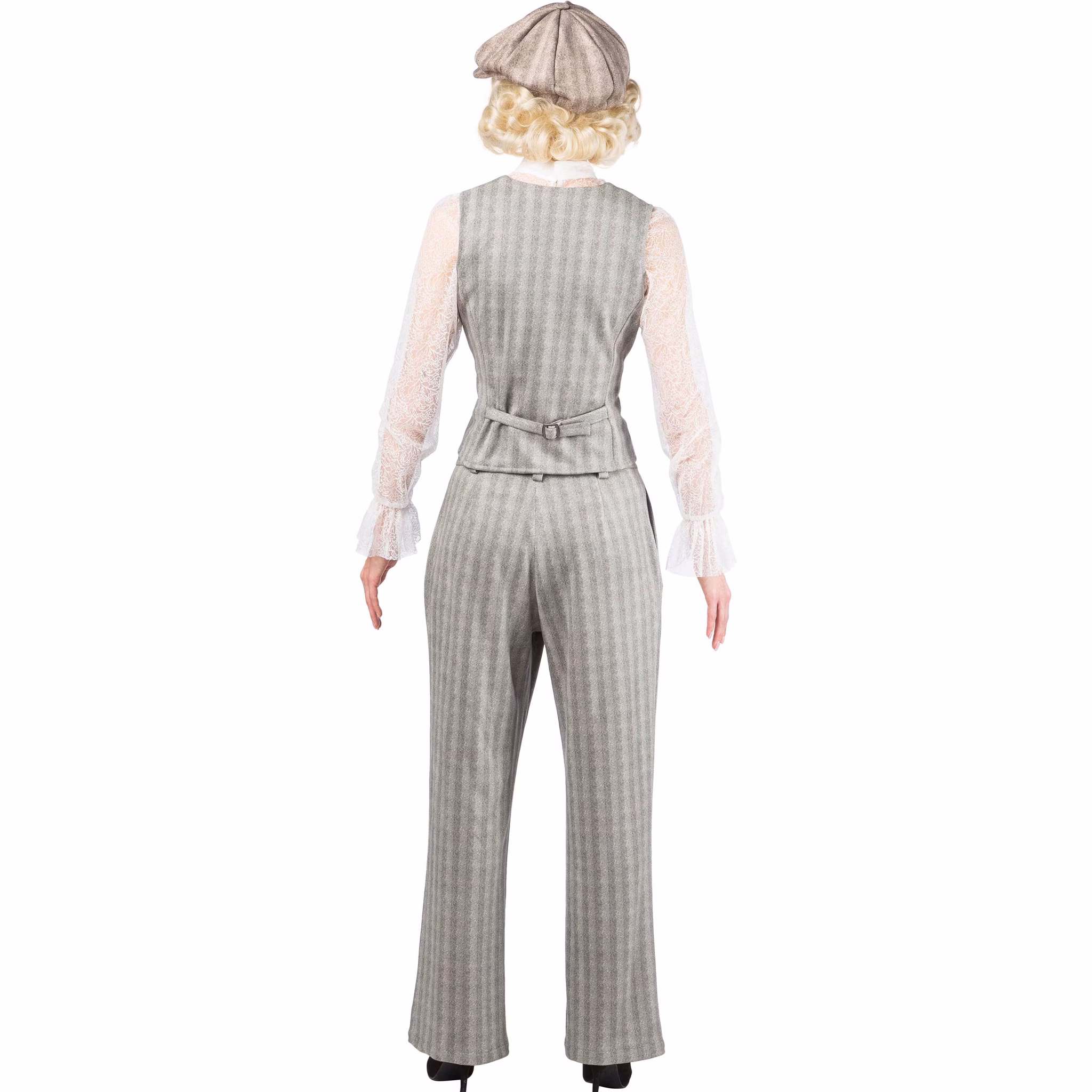 Rückansicht des grauen 20er Jahre Gangster Kostüms für Damen mit gestreifter Weste, Hose und Schiebermütze im Vintage Look.