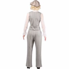 Rückansicht des grauen 20er Jahre Gangster Kostüms für Damen mit gestreifter Weste, Hose und Schiebermütze im Vintage Look.