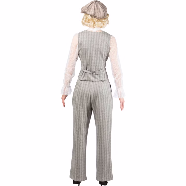 20er Jahre Gangster Kostüm Damen grau Rückansicht Rückansicht des grauen 20er Jahre Gangster Kostüms für Damen mit gestreifter Weste, Hose und Schiebermütze im Vintage Look.