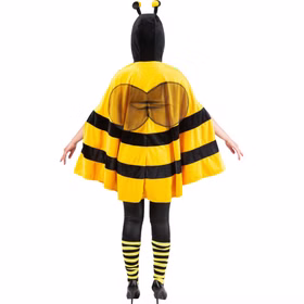 Rückansicht des gelb-schwarzen Bienen-Ponchos Mika mit schwarzer Kapuze, Fühlern und großen transparenten Flügeln.