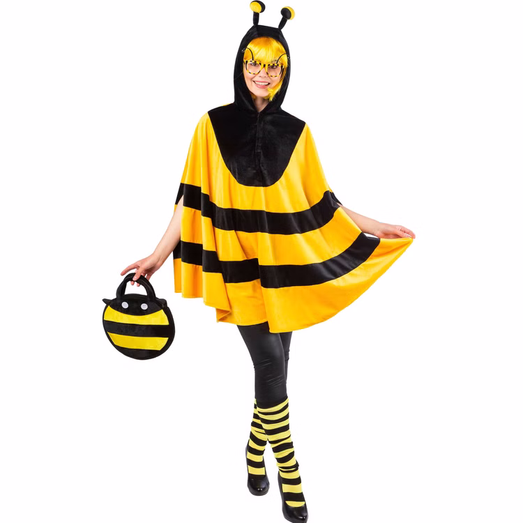 Bienenkostüm Mika Poncho Damen Vorderansicht Dame im gelb-schwarzen Bienenkostüm Mika mit weitem Poncho und Kapuze mit Fühlern, kombiniert als fröhliches Tierkostüm.