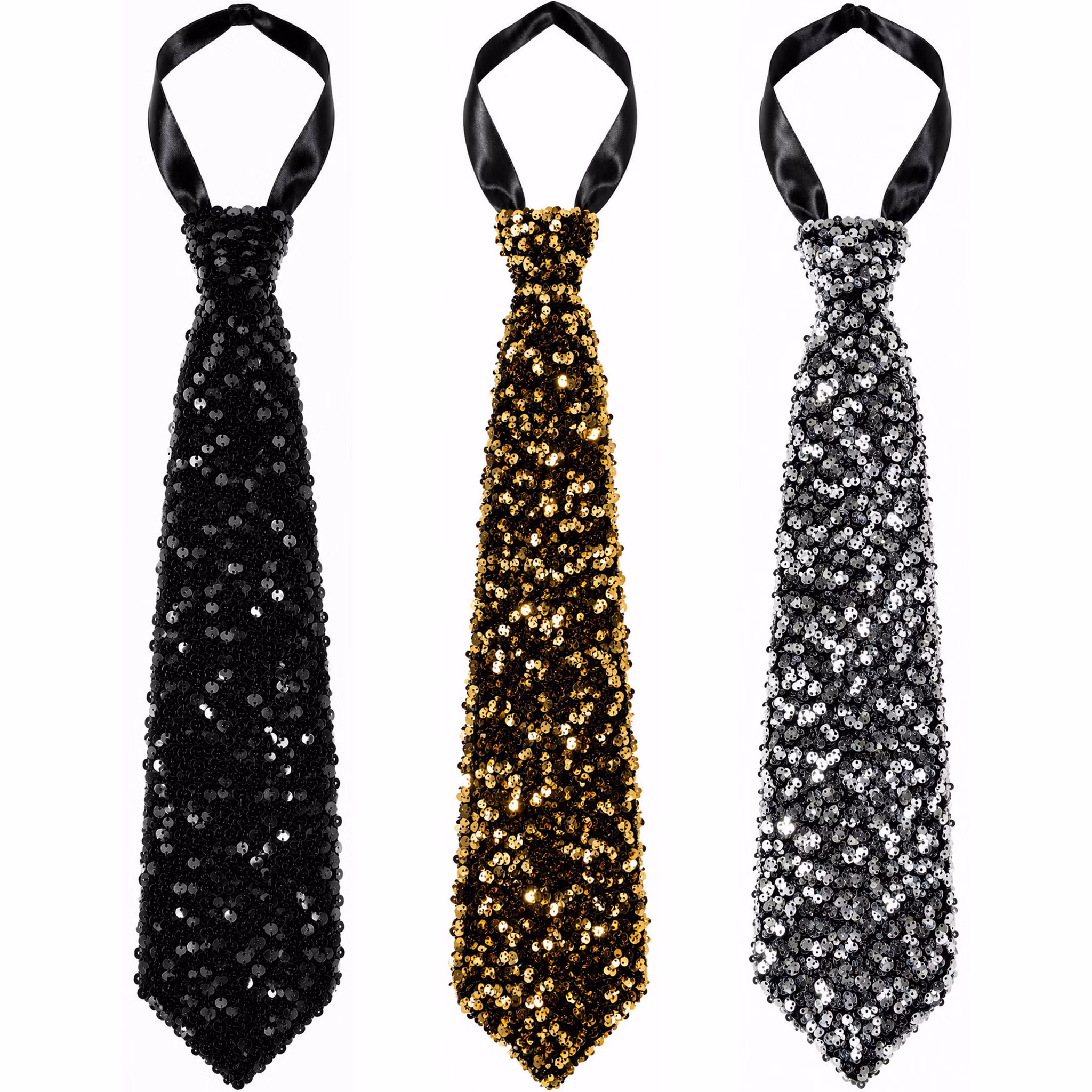 Drei Pailletten-Krawatten in Schwarz, Gold und Silber nebeneinander auf weißem Hintergrund.