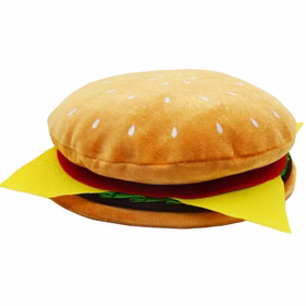 Burger Hut Cheeseburger Fast Food Kostüm Zubehör Plüschiger Burger-Hut im Cheeseburger-Look mit Brötchen, Käse, Tomate, Salat und Patty als lustiges Fast-Food-Kostüm-Zubehör.