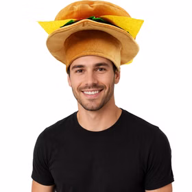 Burger Hut Cheeseburger Herren Vorderansicht Lachender Mann mit großem Burger-Hut im Cheeseburger-Look als lustiges Fast-Food Kostüm-Zubehör für Karneval, JGA und Party. Hinweis: KI generiertes Bild