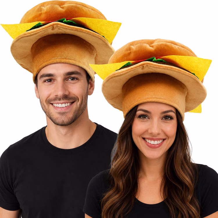 Burger Hut Cheeseburger Unisex Damen Herren Lachende Frau und lachender Mann tragen den großen Burger-Hut als witziges Unisex Kostüm-Zubehör für JGA, Fasching und Mottoparty. Hinweis: KI generiertes Bild