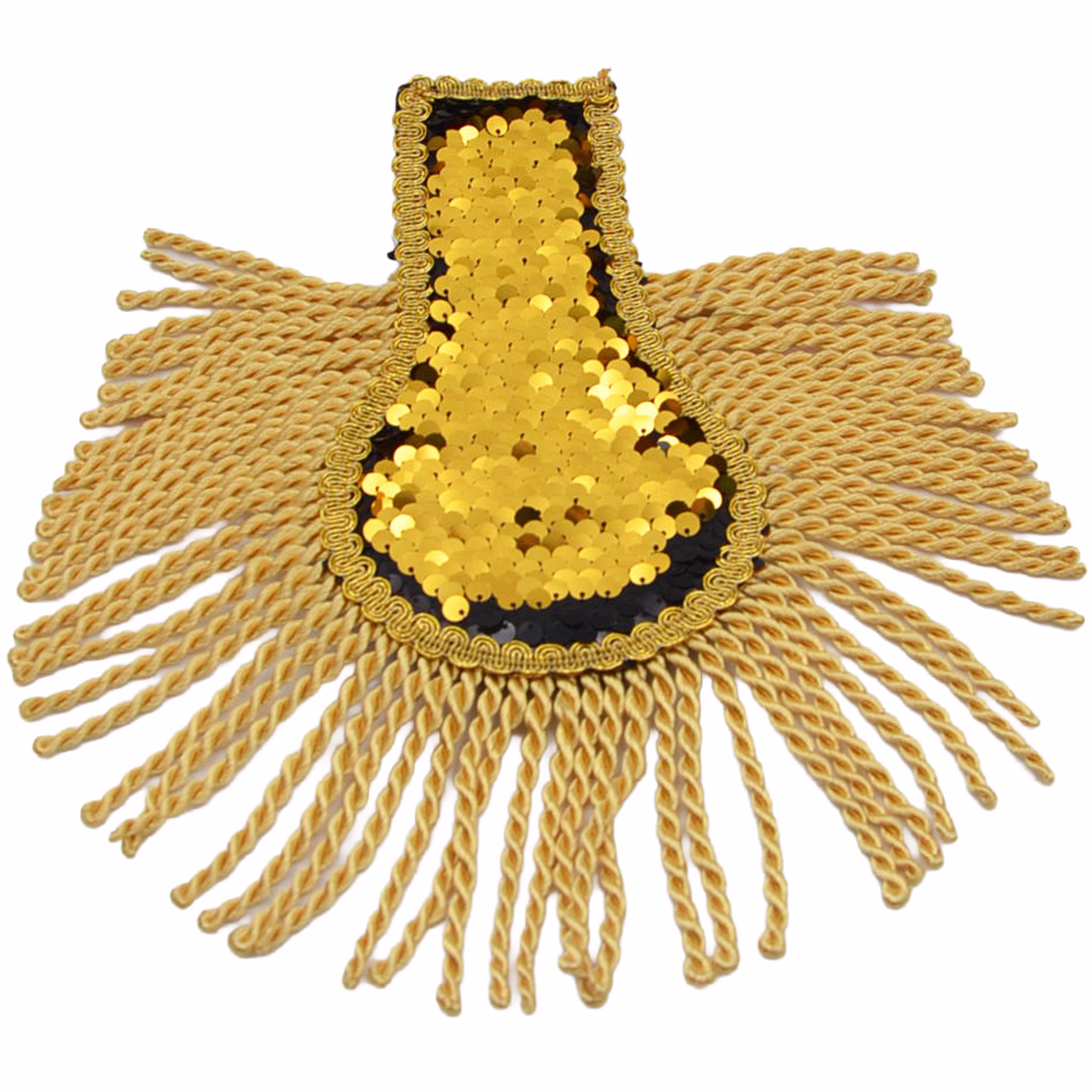 Epauletten Wendepailletten gold Vorderseite Goldfarbene Seite der Epaulette mit gewendeten Pailletten, goldener Borte und üppigen Kordelfransen für Uniform und Revue.
